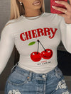 Cherry Print Crew Neck T-Shirt, Casual Long Sleeve Top for Spring & Fall, Women's Clothing