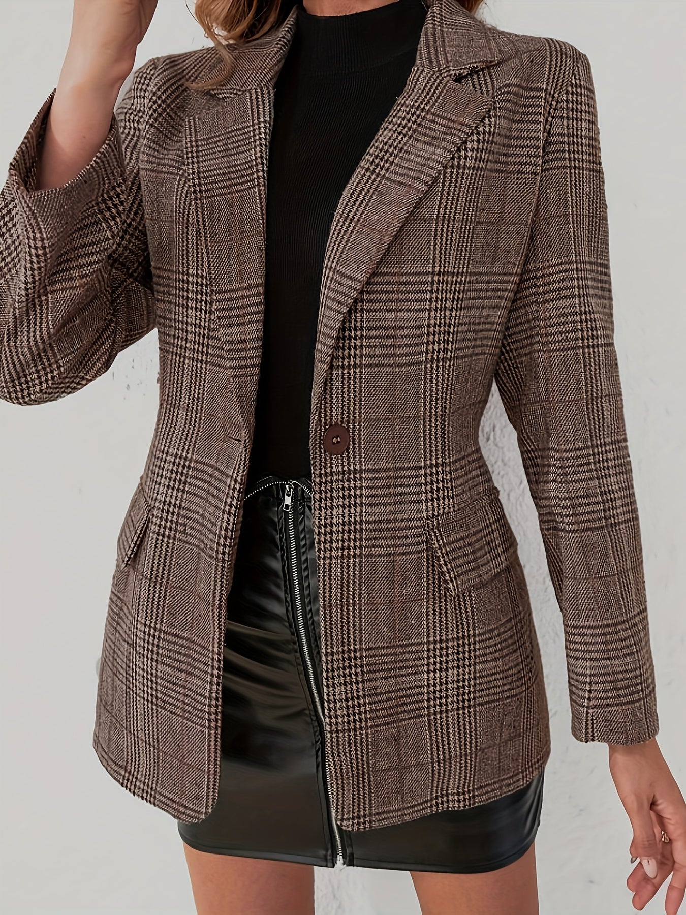 Plaid Pattern Single Button Blazer - Stylish Lapel Collar Long Sleeve - For Spring & Fall - Women's Clothing - Perfect for Office & Casual Wear - Ideal Gift for Fashionable Women