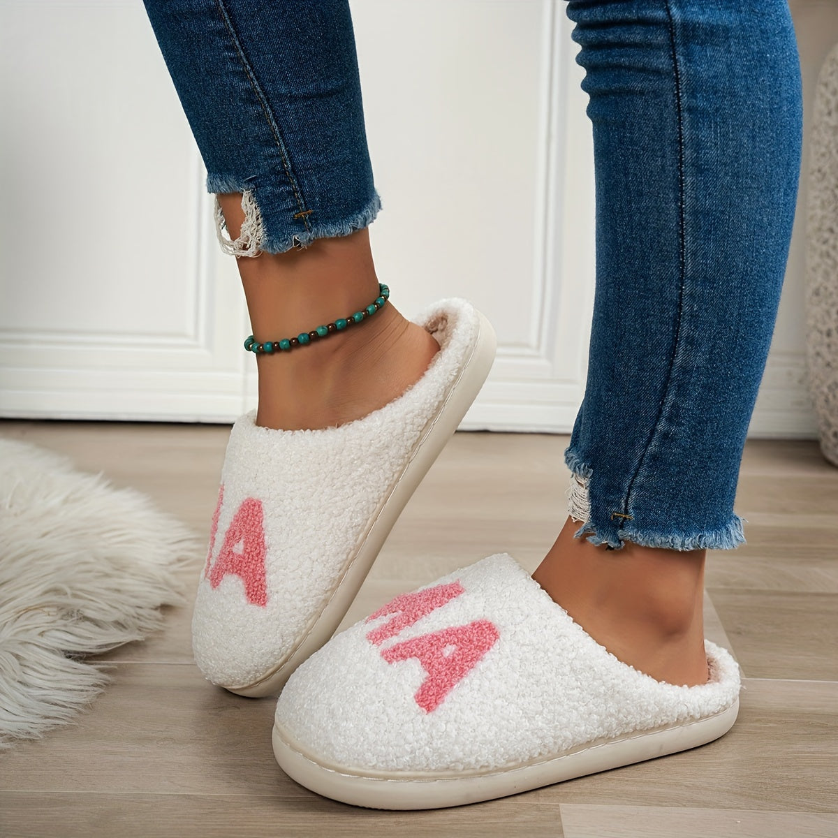Women's Casual "MAMA" Fluffy Slippers - Comfy Faux Fur-Lined Indoor House Slip-on Shoes with Non-Slip TPR Sole, Flannel Insole, Seasonal Warmth, Easy Care, Cixi Origin - Cozy Winter Footwear Gift for Mom