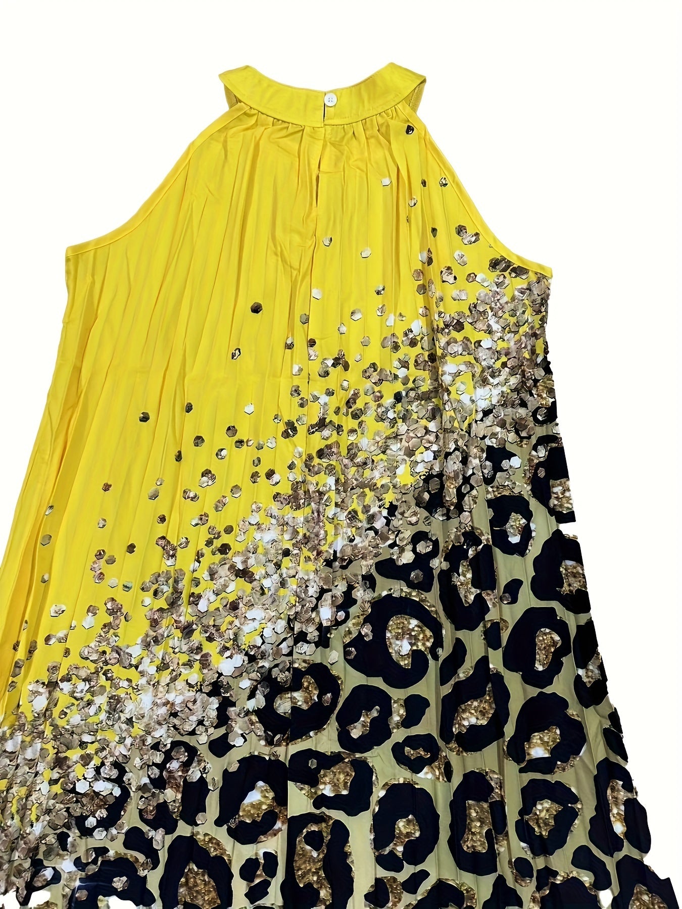Graphic Print Pleated Halter Neck Dress, Elegant Sleeveless Loose Dress For Spring & Summer, Women's Clothing