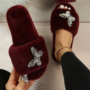 Rhinestone Butterfly Decor Home Warm Slippers, Soft Sole Platform Fluffy Non-slip Shoes, Bedroom Open Toe Plush Shoes