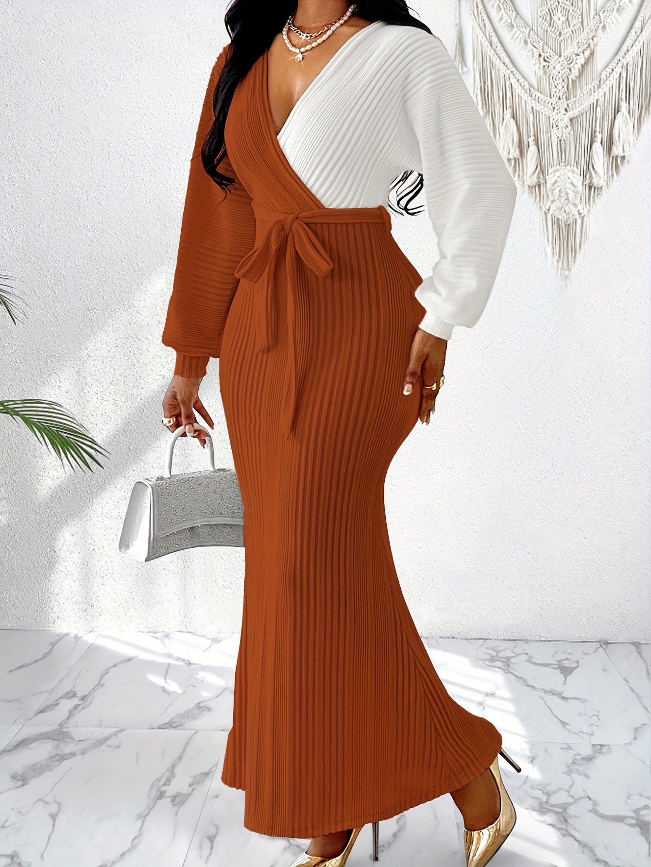 Two-Tone Polyester Elegant Batwing Sleeve Bodycon Long Dress with V-Neck Patchwork, Lace-Up Detail for Women, Fall Season