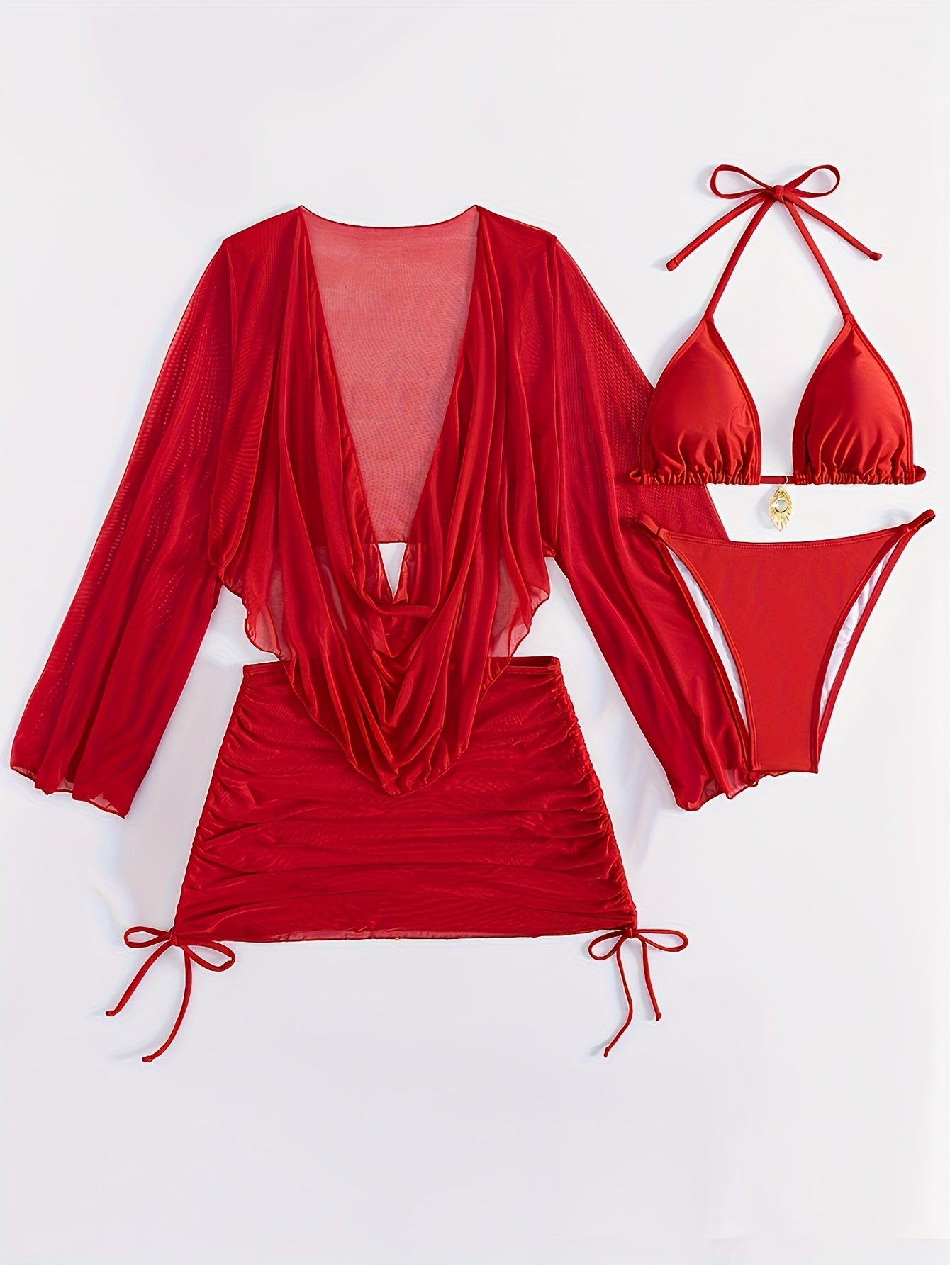 4pcs Sexy Bikini Set with Sheer Red Cover-Up, High-Waisted Drawstring Swimsuit, Chic One-Shoulder Design - Polyester Blend, Machine Washable, Ladies Swimsuit
