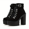Black Women's Platform High Heels Ankle Boots, Round Toe Lace Up Ankle Buckle Strap Fashion Party Motorcycle Short Pumps