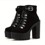 Black Women's Platform High Heels Ankle Boots, Round Toe Lace Up Ankle Buckle Strap Fashion Party Motorcycle Short Pumps