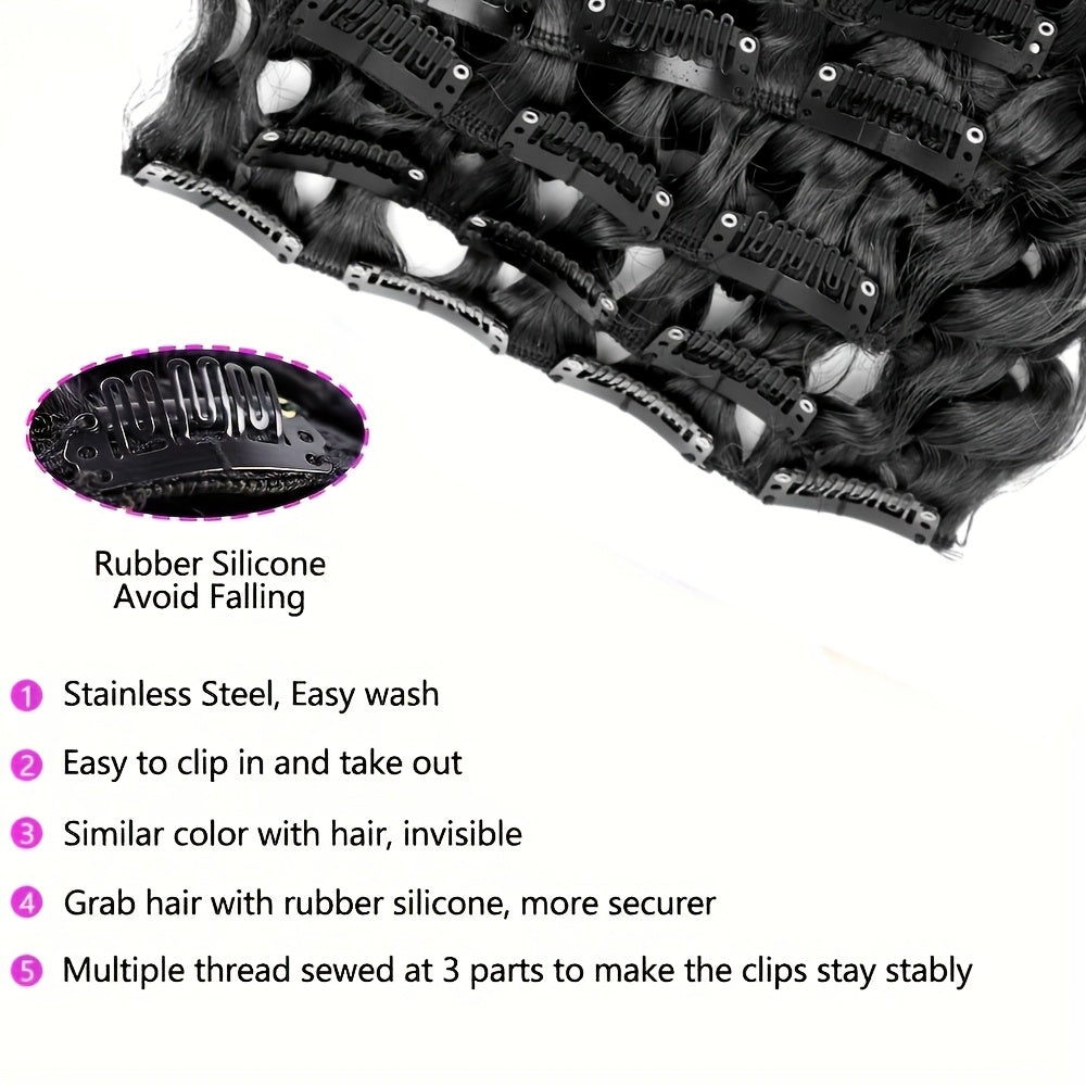 Deep Brown Clip-in Hair Extensions - Jerry Curl Style, High-Temperature Synthetic Fiber, Perfect for Women'S Hair Extensions, Natural Looking Basics Collection, Hair Extension for Women