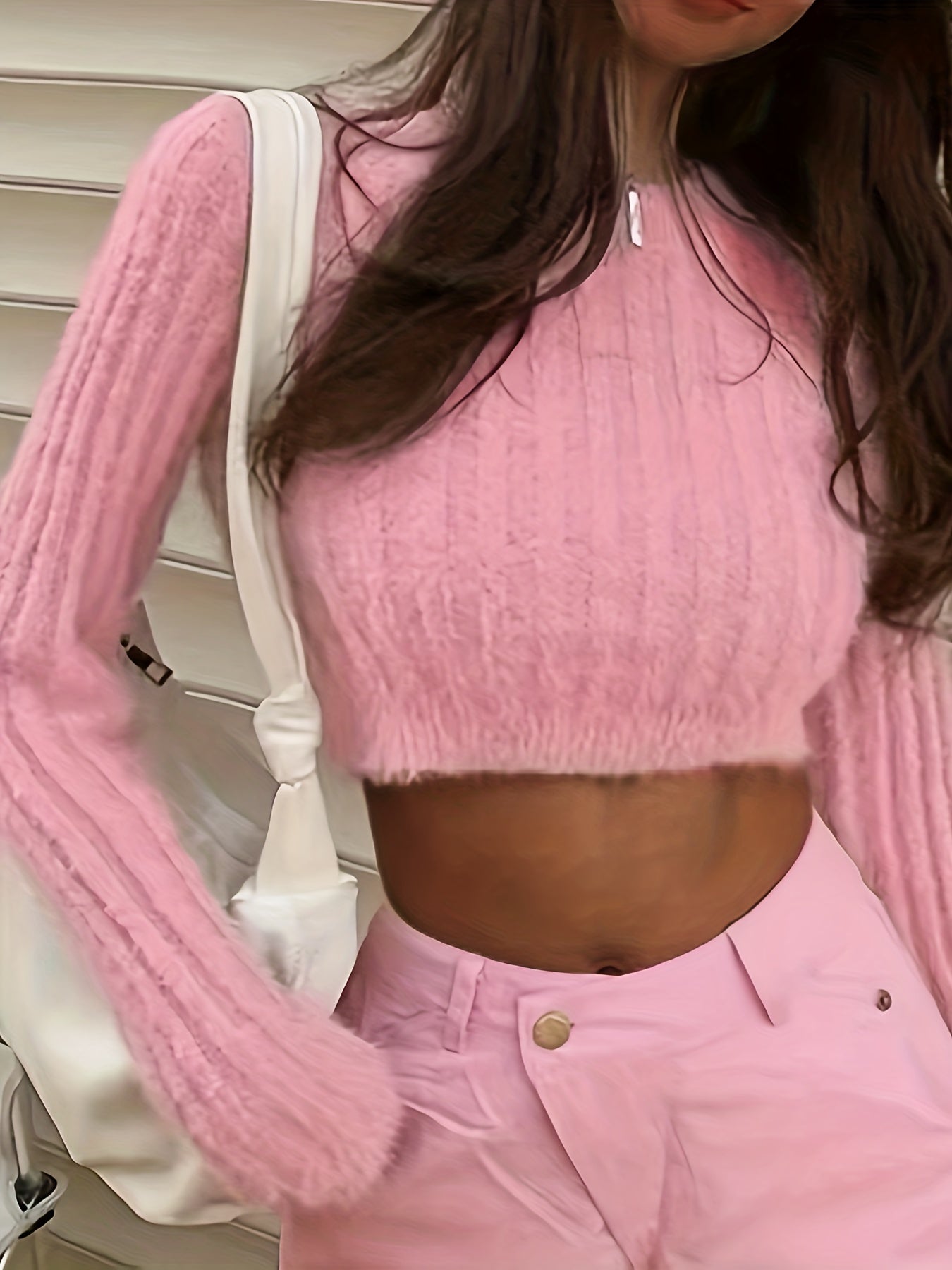 Y2K Solid Crew Neck Crop Sweater - Long Sleeve, For Spring & Fall - Women's Clothing - Perfect for Casual & Trendy Outfits - Gift Idea for Fashionable Women