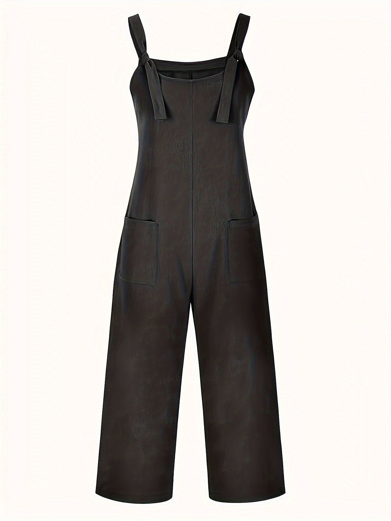 Solid Color Pockets Overall Jumpsuit, Casual Knot Front Loose Overall Jumpsuit For Spring & Summer, Women's Clothing