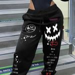 Women'S Casual Printed Sweatpants - Black with White Cartoon Face & Letter Design, Elastic Waistband with Drawstring, Lightweight Polyester for Spring/Fal