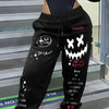 Women'S Casual Printed Sweatpants - Black with White Cartoon Face & Letter Design, Elastic Waistband with Drawstring, Lightweight Polyester for Spring/Fal