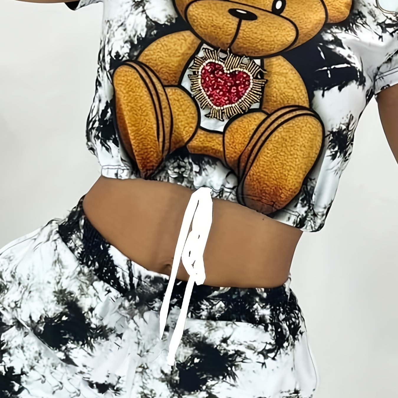 Cartoon Bear Print Two-piece Set, Drawstring Short Sleeve Tee & Elastic Waist Shorts Outfits, Women's Clothing