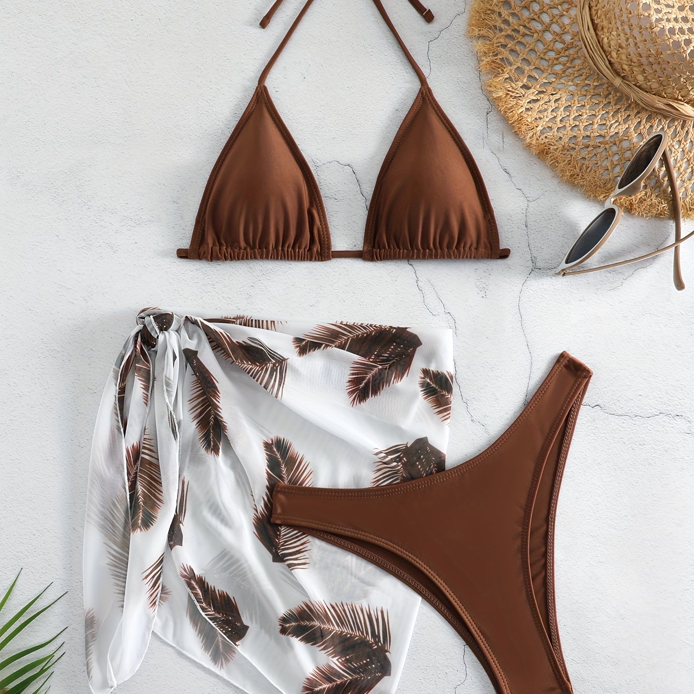 3-Piece Feather Print Bikini Sets, Halter Neck Tie Back Backless High Cut With Cover Up Wrap Swimsuit, Women's Swimwear & Clothing