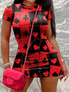 Poker Print Crew Neck Bodycon Dress, Casual Short Sleeve Mini Dress For Spring & Summer, Women's Clothing
