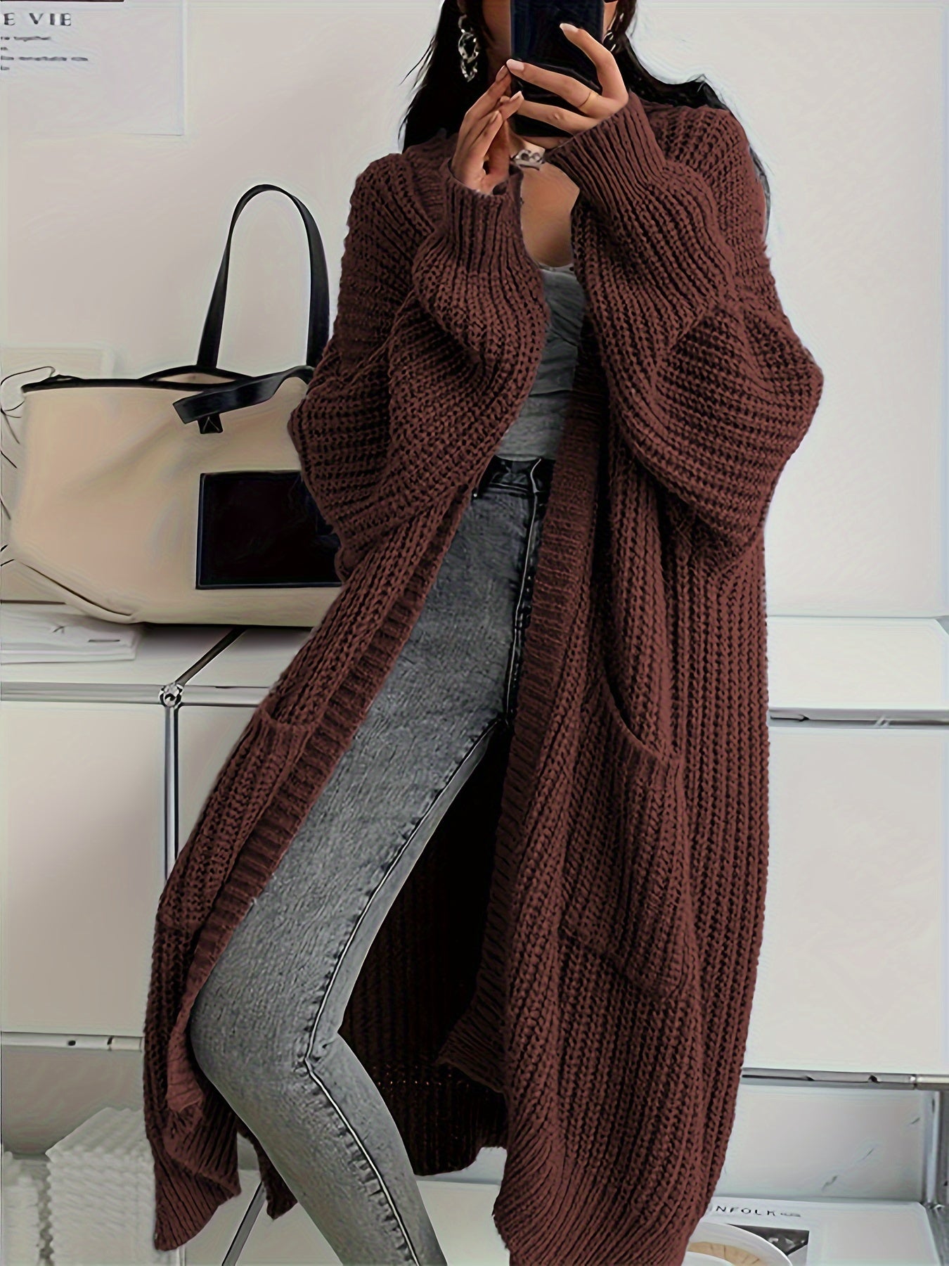 Cardigan sweater - Patched Pockets Open Front Cardigan - Solid, Long Sleeve, Knitted - Fall & Winter - Women - Cozy & Stylish - Cozy Comfort, Effortless Style