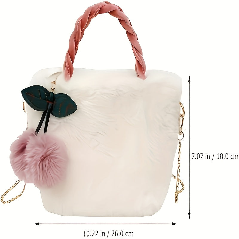 1pc Women's Preppy Synthetic Crossbody Bag With Detachable Chain Strap, Buckle Closure, Wristlet and Plush Cherry Pendant - Unlined, Edge Painted, Perfect for Gifts and Birthdays | Removable Strap | Dry Clean Only