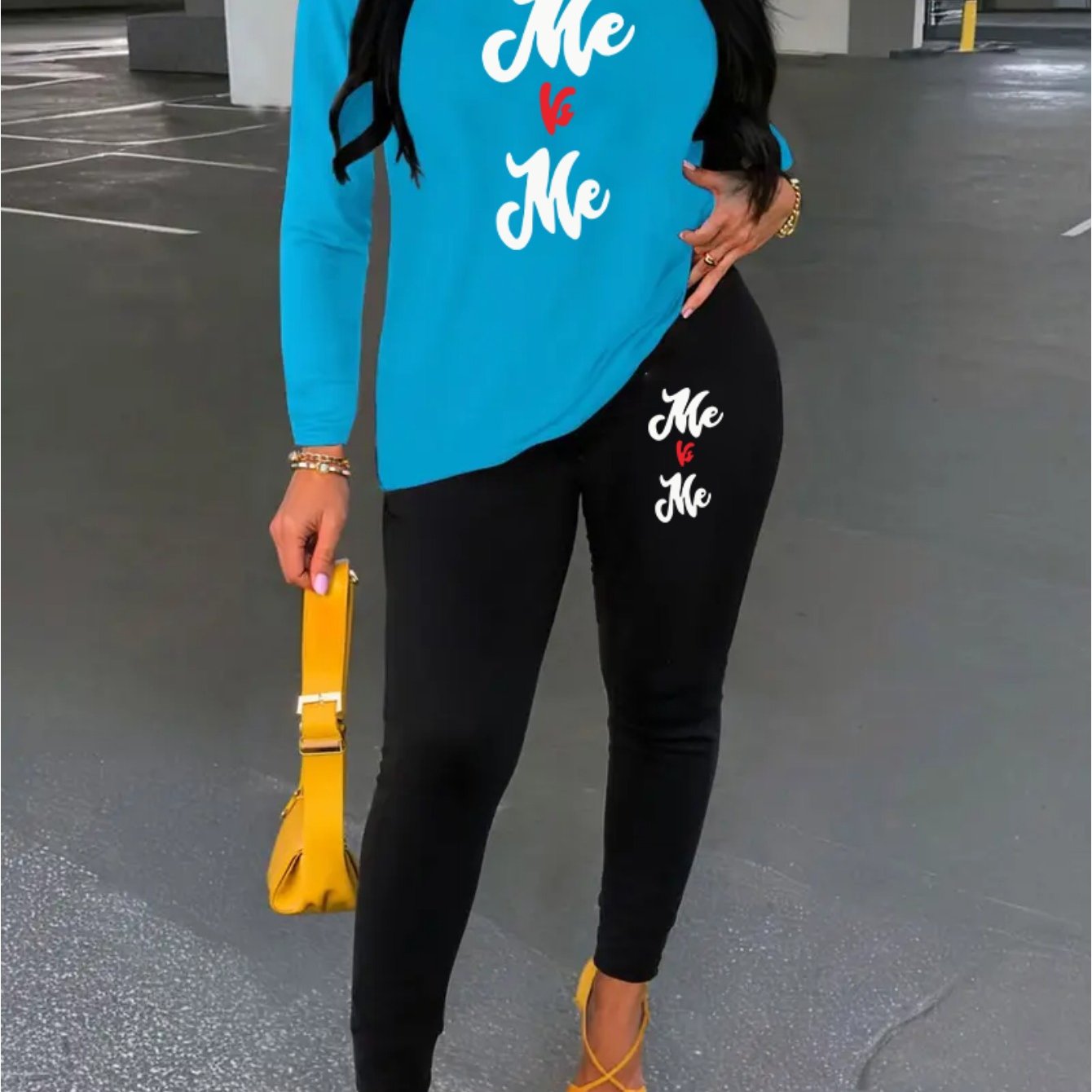 Women's Me Vs Me Print Long Sleeve Outfit - Made from Polyester Blend Knit Fabric, Round Neck Autumn/Winter Set, Includes Pants And Top, Perfect for Business And Casual Attire, an Ideal Gift Choice.