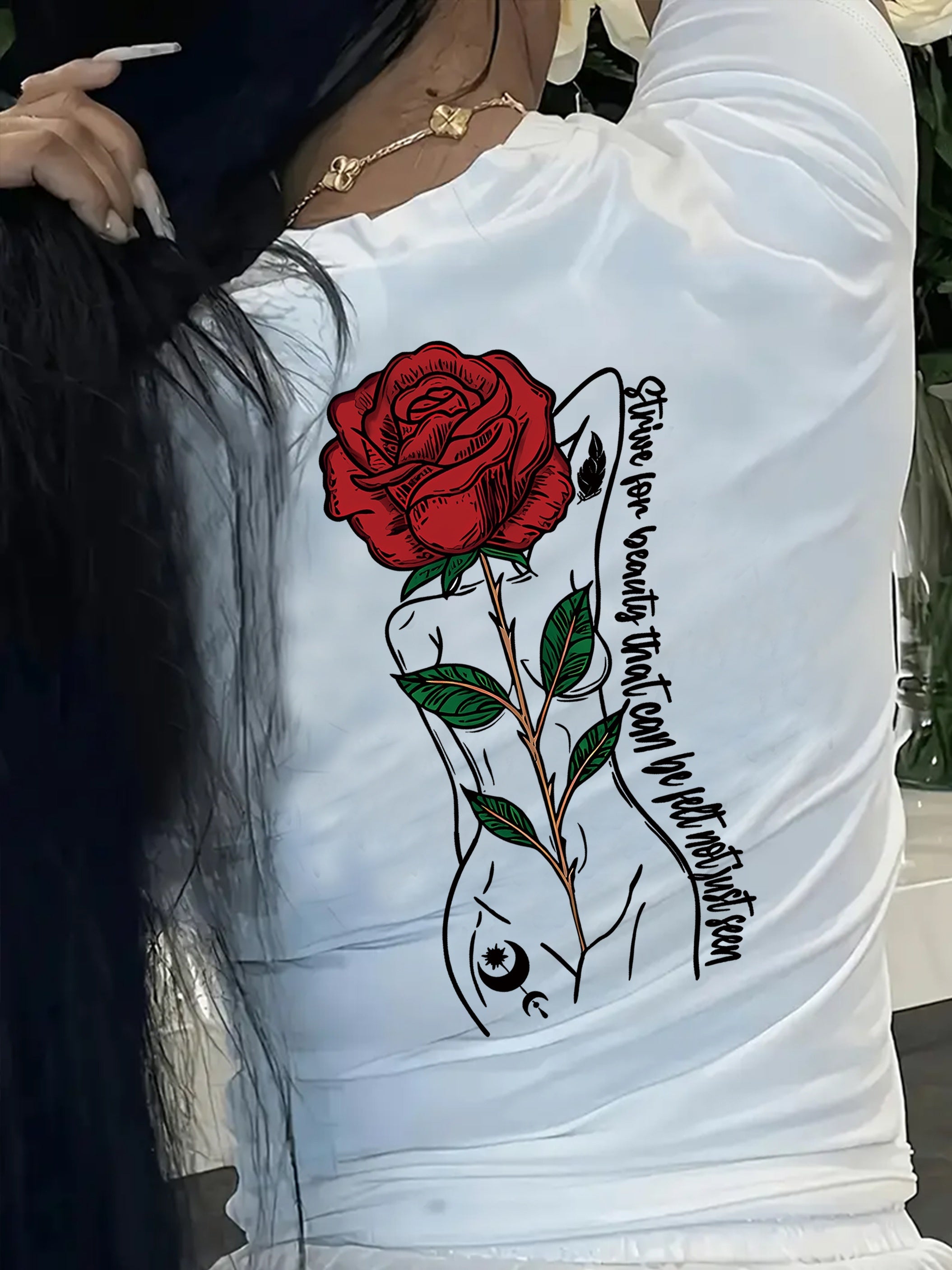 Vibrant Rose Print Short Sleeve Crew Neck T-Shirt - Soft, Breathable, Relaxed Fit, Casual Summer & Spring Top for Women - Perfect for Outdoor Activities, Daily Wear, and Gift Idea
