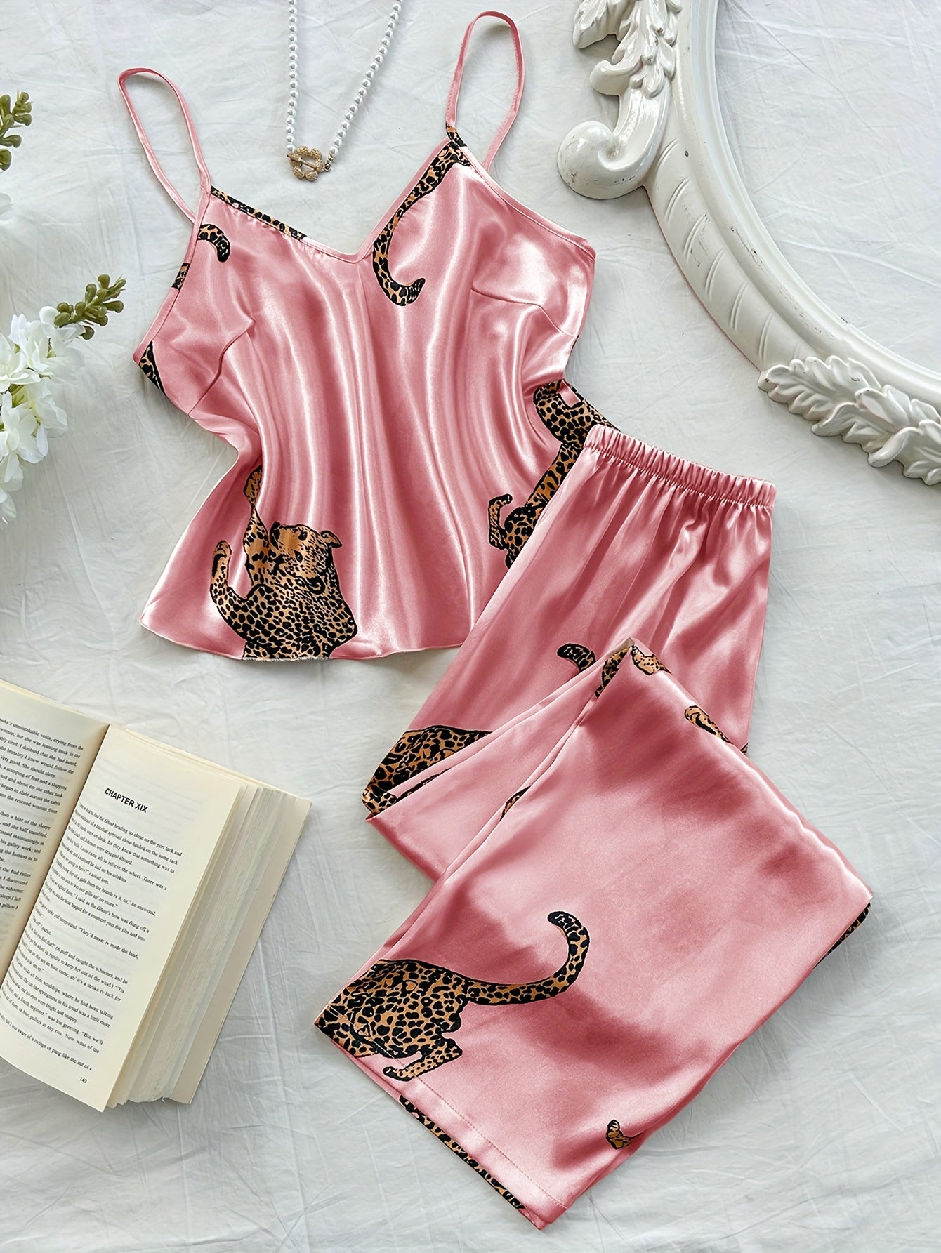 Leopard Print Fashionable Comfort V-Neck Camisole Long Pants Pajama Set 2pcs