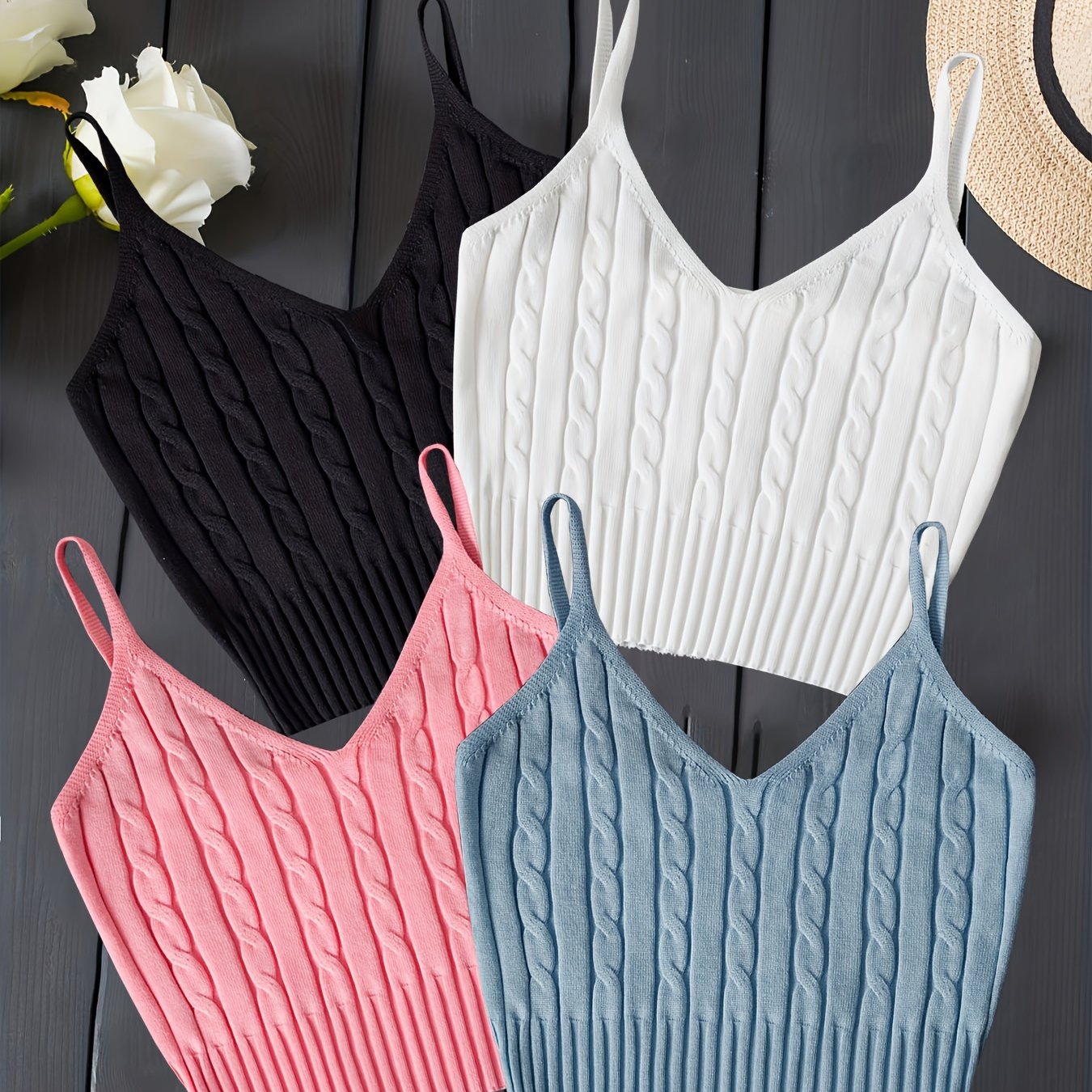 Valentine's Day 4 Packs Cable Knit Cami Tops, Versatile Crop V Neck Summer Sleeveless Cami Tops, Women's Clothing