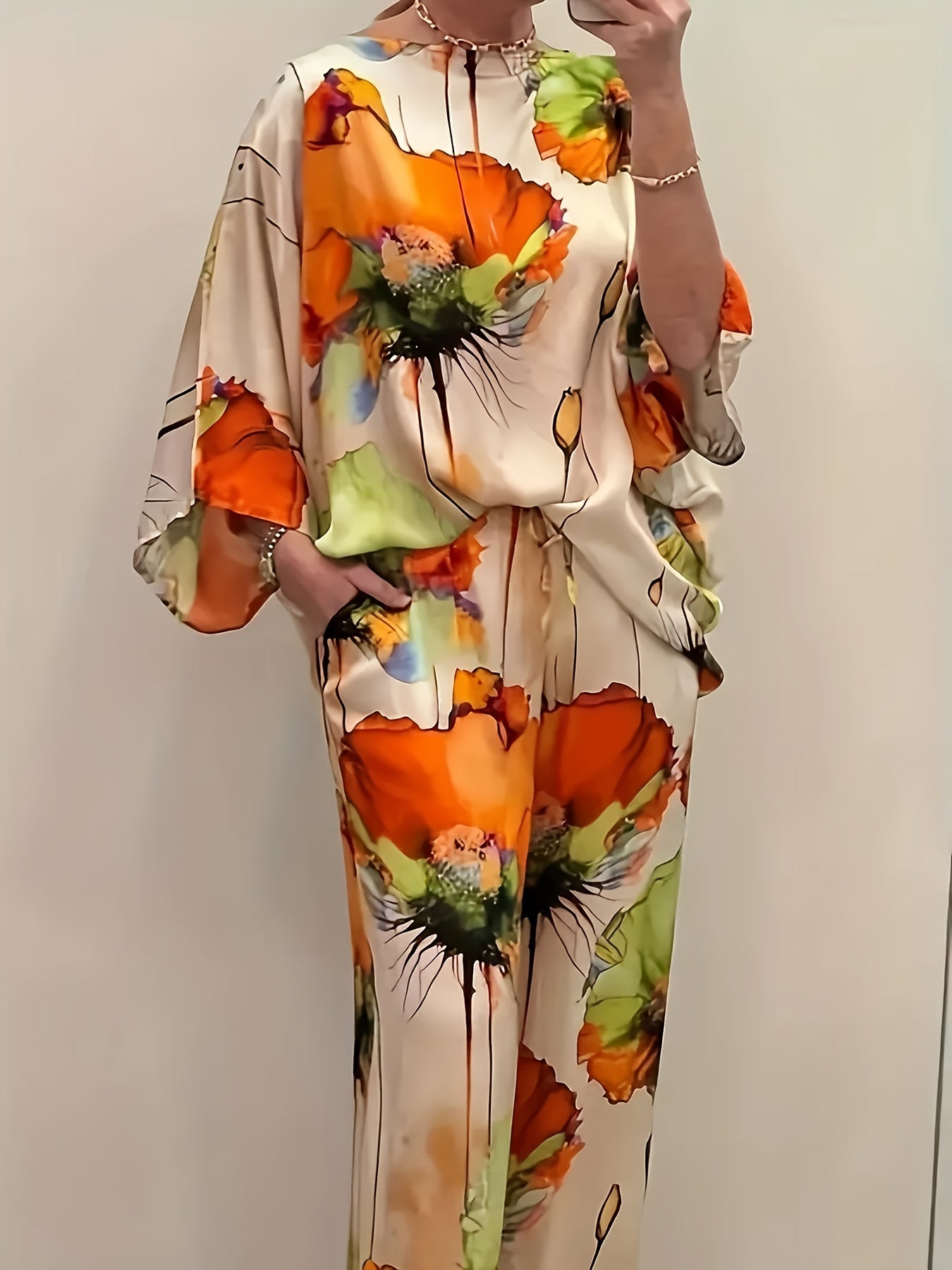 Women's Elegant Floral Print Satin Two-Piece Set: Round Neck Top and Wide Leg Pants