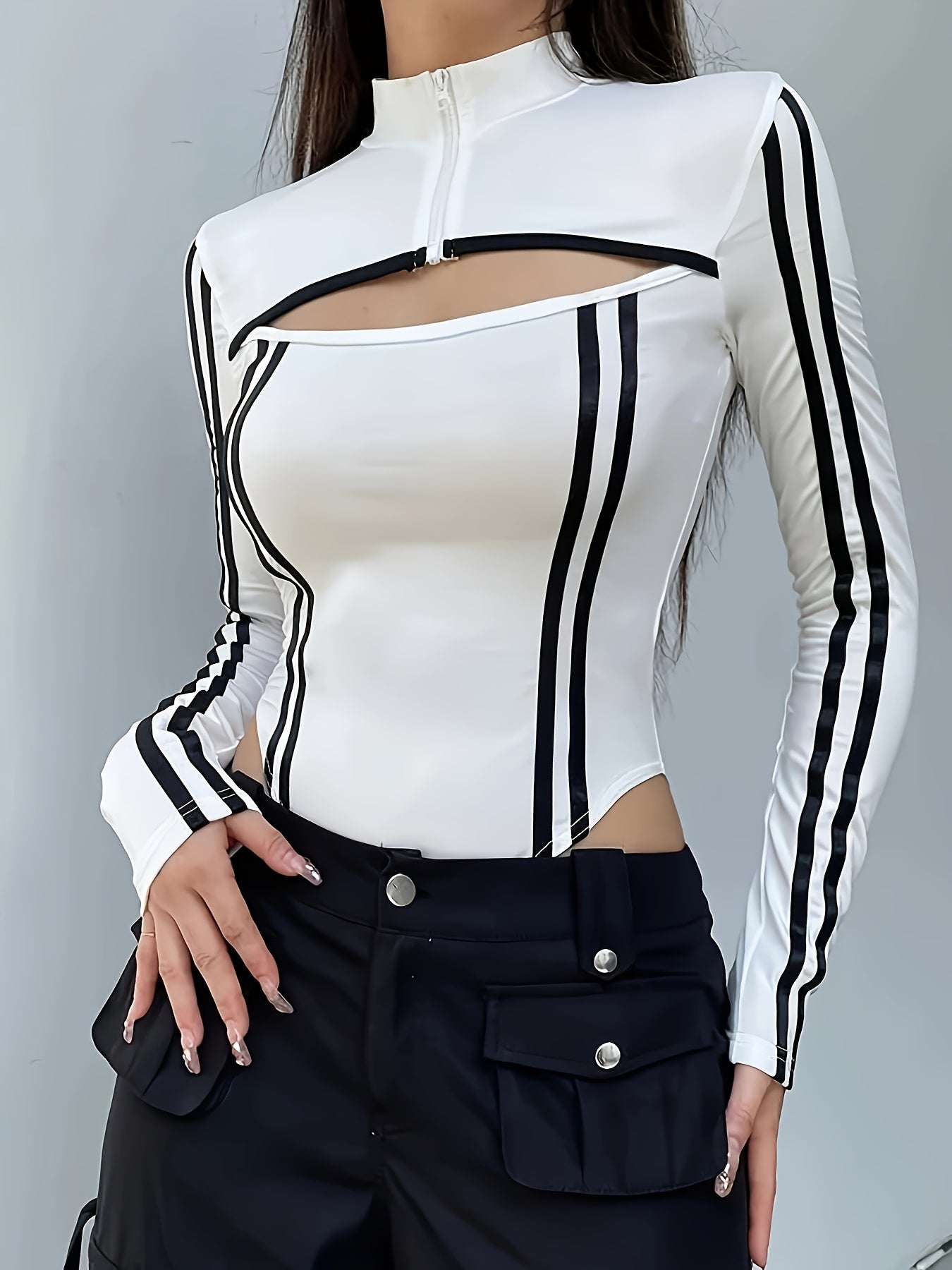 Women'S Long Sleeve Bodycon Top - White with Black Stripes, High Neck, Stand Collar, Zipper Detail, Skinny Fit, Perfect for Casual & Formal Occasions, Versatile Clothing | Stylish Long Sleeve Top | Knit Construction, Long Sle