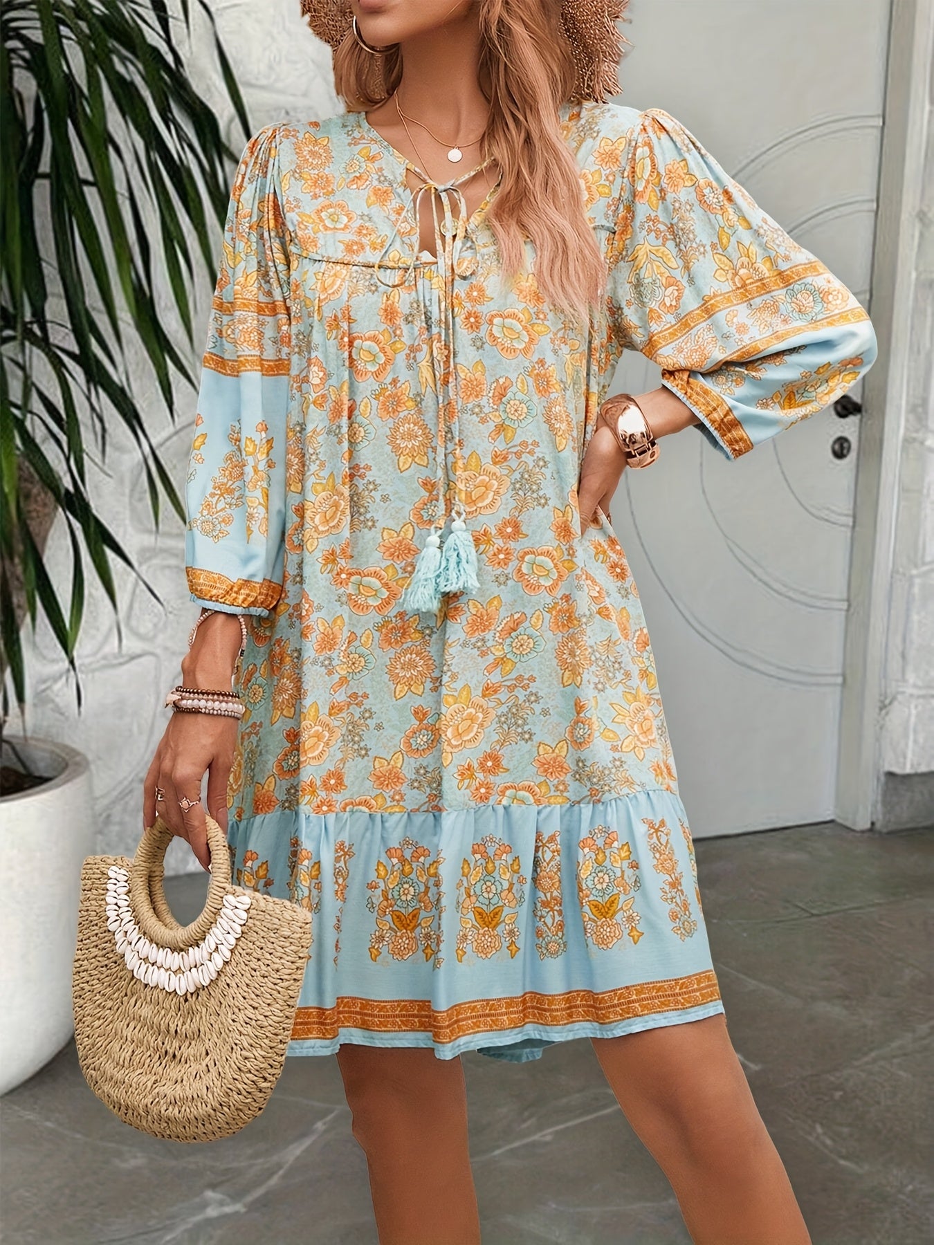 Plus Size Women'S Floral Print Tie Neck Ruffle Hem Loose Casual Spring And Summer Outing Dress