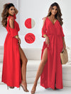 Elegant V-Neck Maxi Dress with Cold Shoulder Design and Side Slit - Black, Perfect for Spring/Summer, Machine Washable, Women’s Fashion