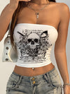 Y2K-Inspired Skull Print Crop Top - Stretchy, Strapless Design for Summer Casual Wear, High-Elasticity, Crop Top Tops