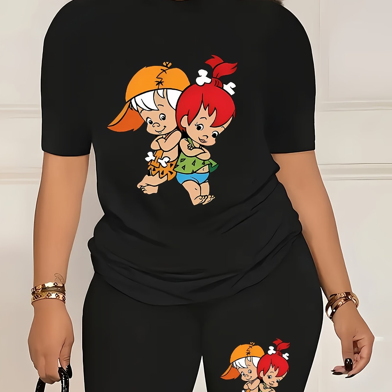 Trendy Cartoon Graphic Tee & High-Waisted Biker Shorts - Soft, Stretchy, and Comfortable Polyester Blend for Spring/Summer Outfits