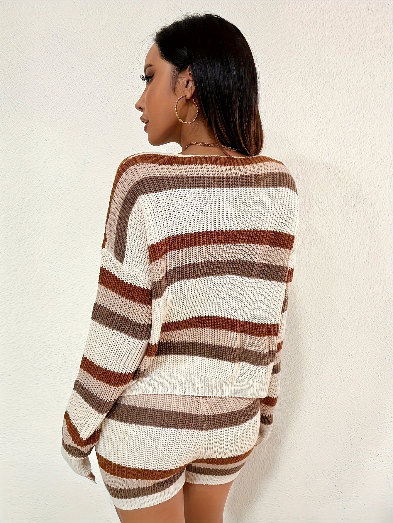 Casual Colorblock Two-piece Set - Drawstring Drop Shoulder Knitted Long Sleeve Crew Neck Pullover Top & Shorts Outfits - Women's Clothing