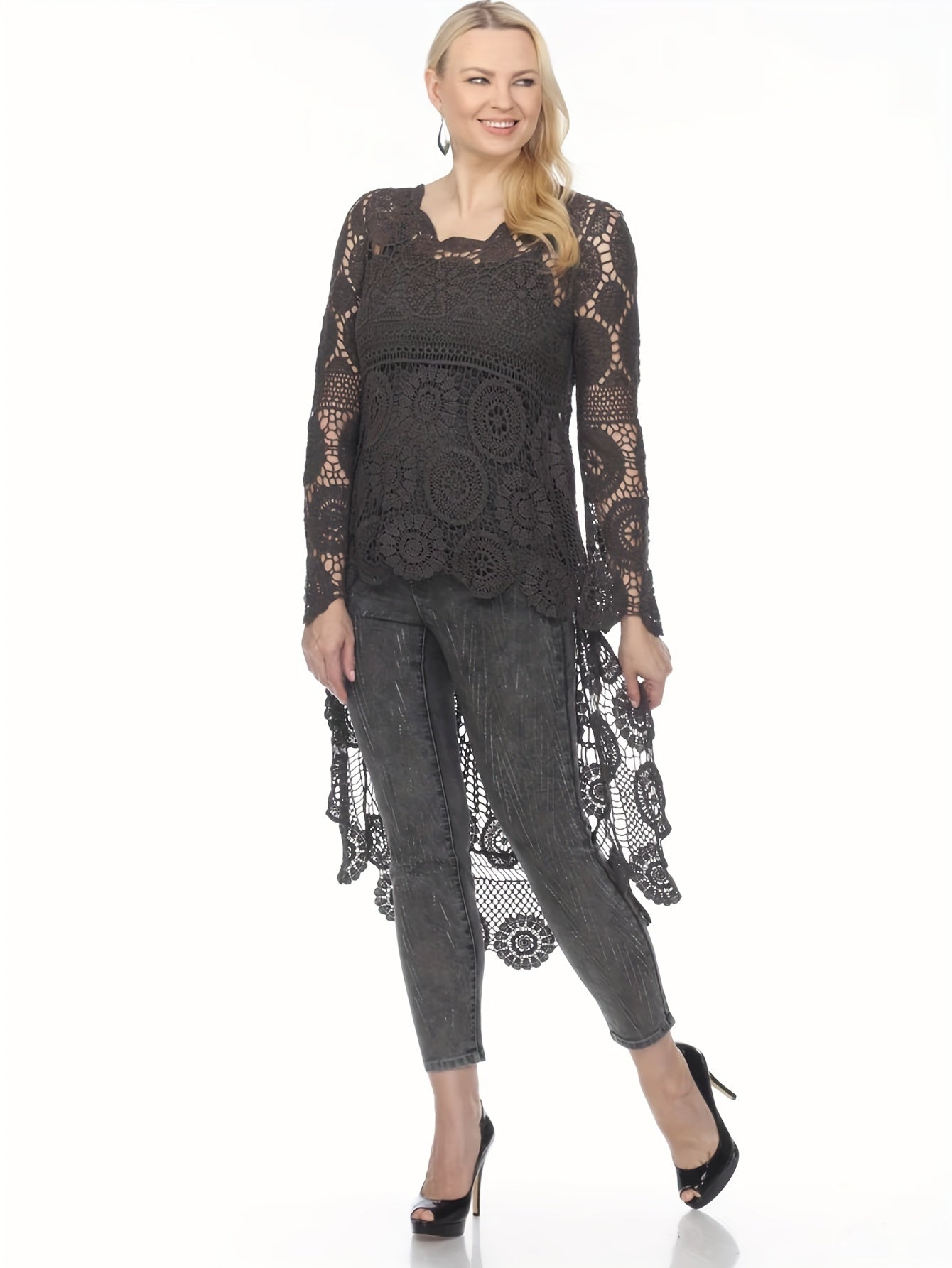 Women's Elegant Crochet Floral Pattern Cover-Up, Bohemian Style Long Sleeve Round Neck High-Low Hem Beach Tunic, Swimwear And Resort Wear For Women