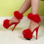 1 Pair of Red Faux Fur Ankle-Strap High Heels - Sexy Open Toe, Non-Slip Transparent Sole, 15cm/5.91in Heel Height for Parties, Nightclubs & Events, Stiletto Heels