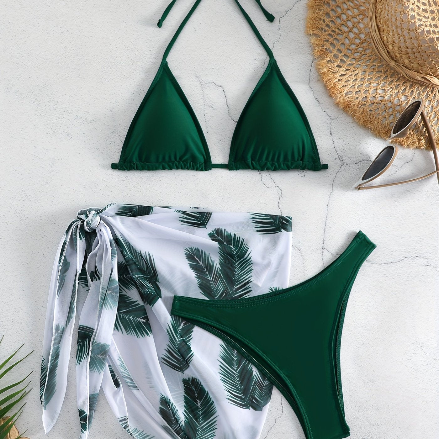 3-Piece Feather Print Bikini Sets, Halter Neck Tie Back Backless High Cut With Cover Up Wrap Swimsuit, Women's Swimwear & Clothing