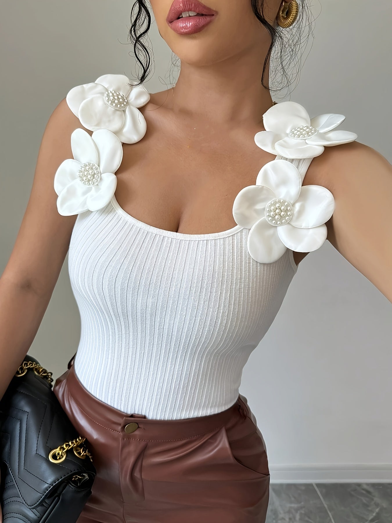 European And American Cross-Border Versatile Floral Fitted Ribbed Tank Top for Women
