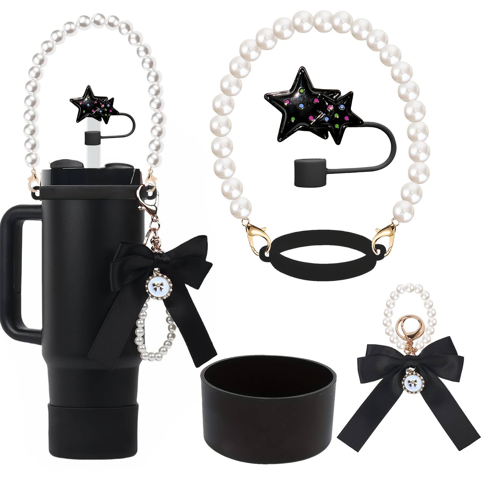 5pcs Tumbler Accessory Kit: Pearl Strap, Bow Keychain, Silicone Boot & Star Straw Cover - Compatible with 40oz & 30oz ST Cups - For Tumbler Enthusiasts - Perfect Gift for Birthdays & Holidays