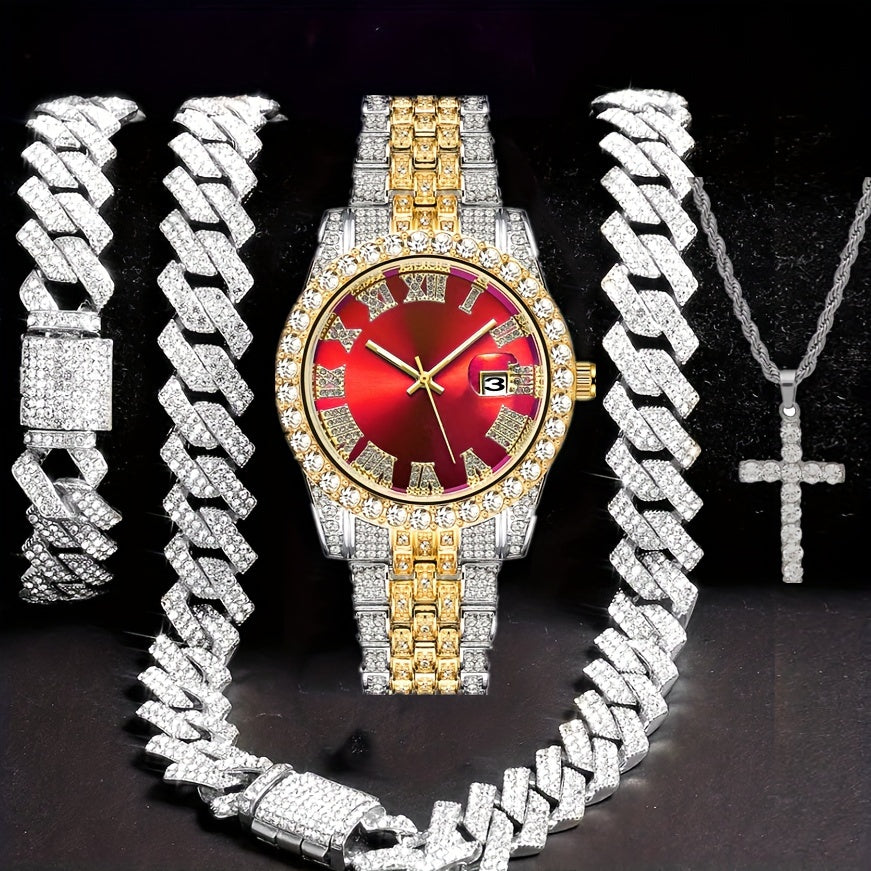 4pcs Men's Hip Hop Bling Set: Golden-Tone Quartz Watch with Rhinestone Bezel, 14mm Cuban Chain Necklace & Bracelet, Cross Pendant - Luxurious Jewelry Gift