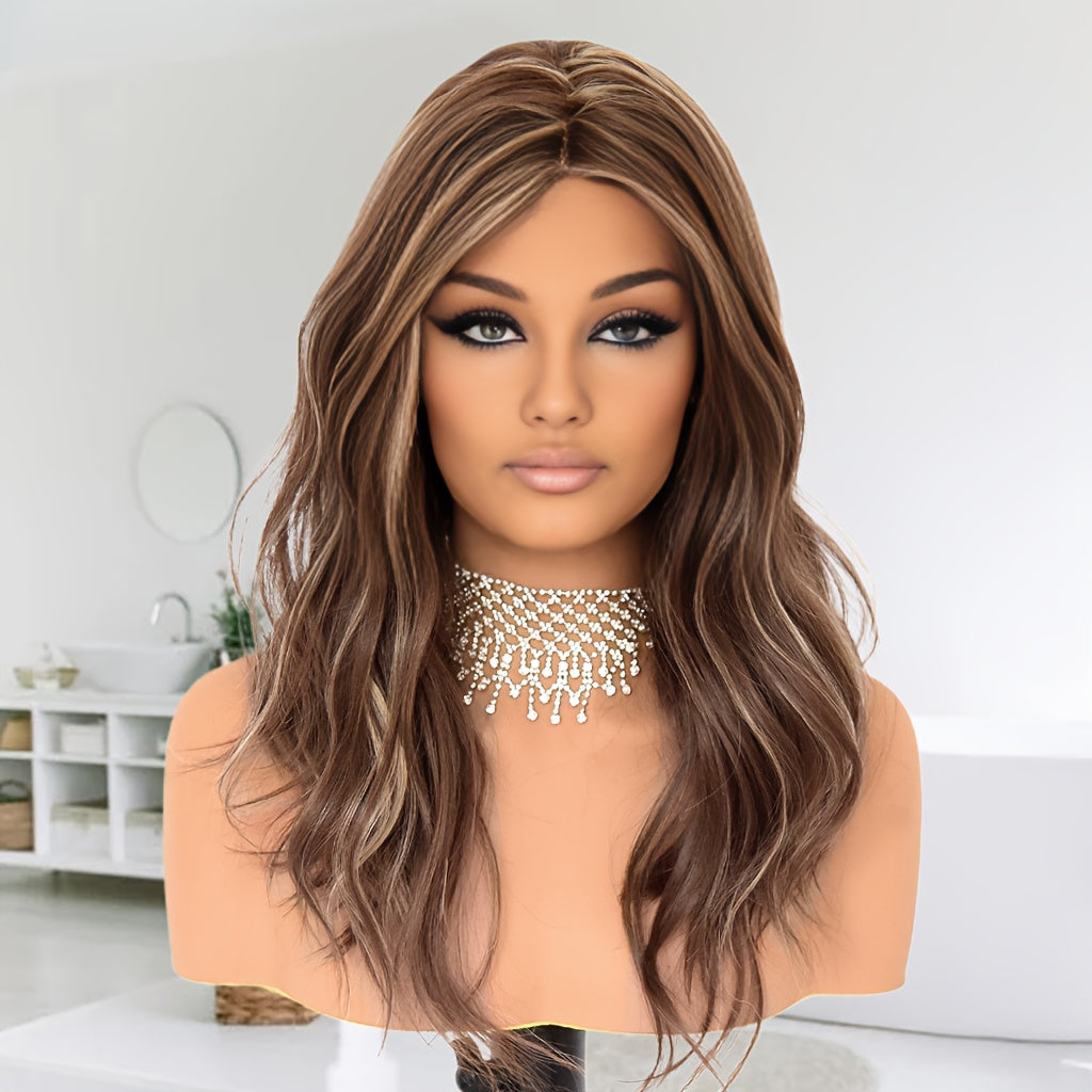 Realistic Glueless Lace Front Wig for Women - Brown Rooted Ash Blonde Body Wave 20" Shoulder Length, 130% Density Synthetic Hair with 13x4x1 Lace Area, Middle Part Elegant Unisex Wig for All Ethnicities, Versatile Hairpiece |