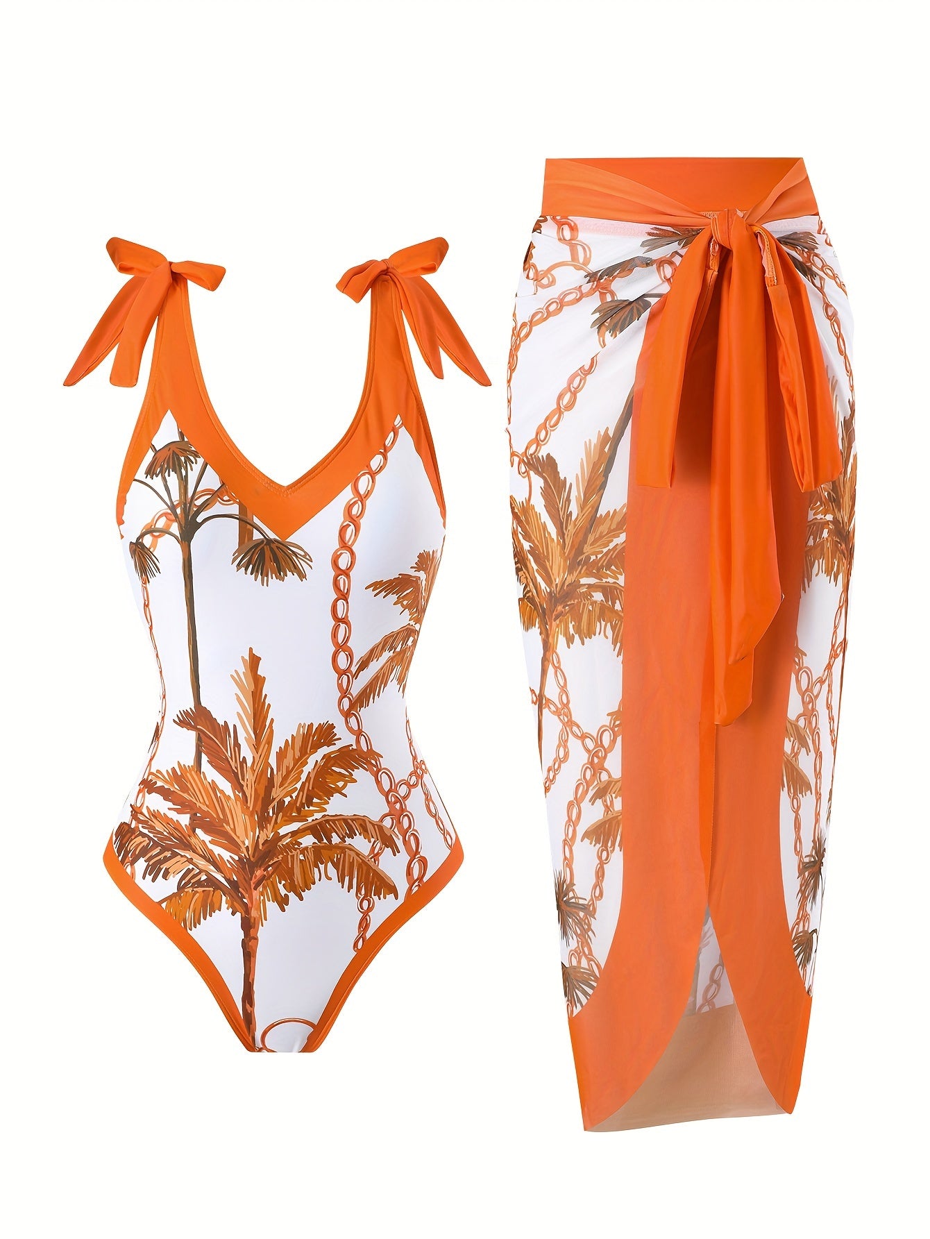 Green Coconut Tree Print Seamless V-Neck Tie-Dye Gauze Skirt Two-Piece Women's Sunscreen Suit