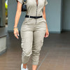 Turn- Collar Short Sleeve Zipper Front Cuffed Jumpsuit Casual Pocket Design Cargo Romper