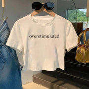 Women'S Y2K "Overstimulated" Graphic Crop Top T-Shirt - Lightweight Polyester, Crew Neck, Short Sleeve, Spring/Summer Casual Wear, White with Black Letter Print, Ladies T Shirts