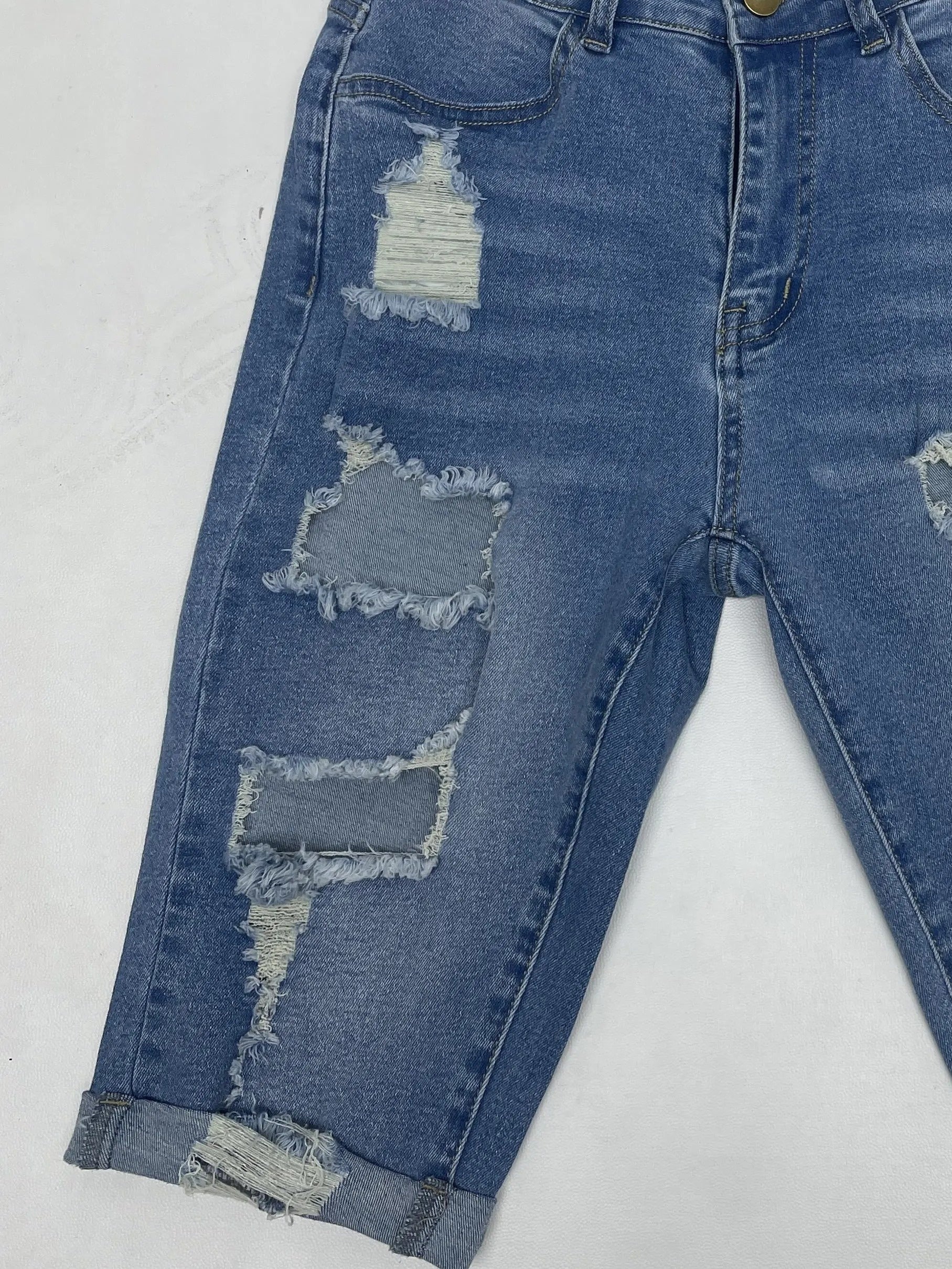 Ripped Cuffed Hem Bermuda Denim Shorts, Distressed Washed Blue Denim Shorts, Women's Denim Jeans & Clothing