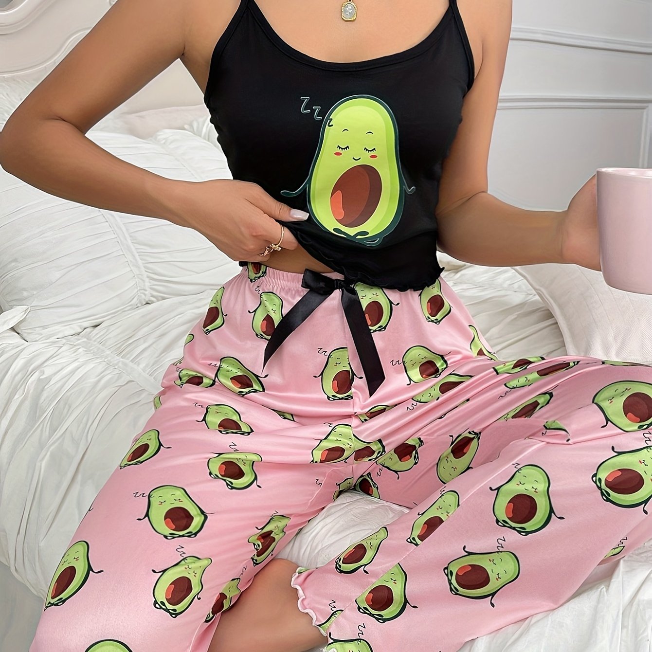 Graphic Print Lounge Set, Scoop Neck Lettuce Trim Cami Top & Pants - Women's Loungewear & Sleepwear - Soft & Comfortable Fabric - Perfect for Relaxing at Home - Ideal Gift for Women