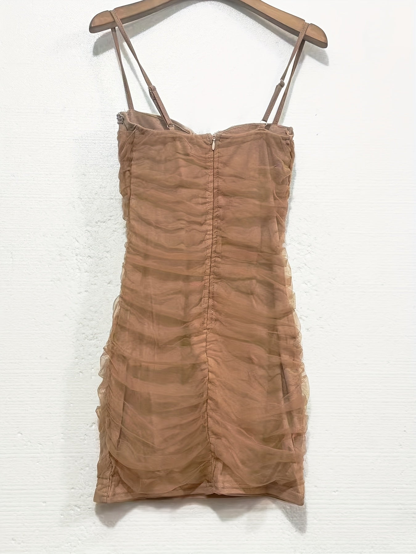 Sparkling Rhinestone Ruched Bodycon Mini Dress - Sexy Sleeveless Pencil Skirt Style, Brown Off-Shoulder Design for Women, Perfect for Summer Outings, Cocktail Dress | Ruched Mini Dress | Sleeveless Fashion, Tight Fitted Dress