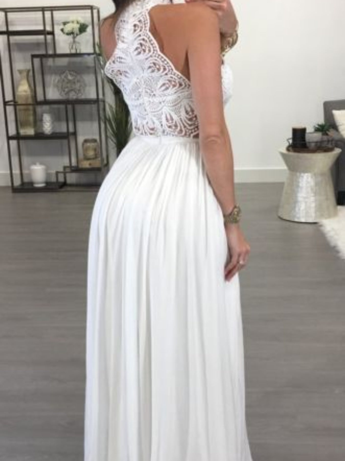 Women's Sexy Off-Shoulder Crochet Lace Halter Neck Dress - High Waist Pleated Maxi Evening Gown for Weddings, Parties & Formal Events