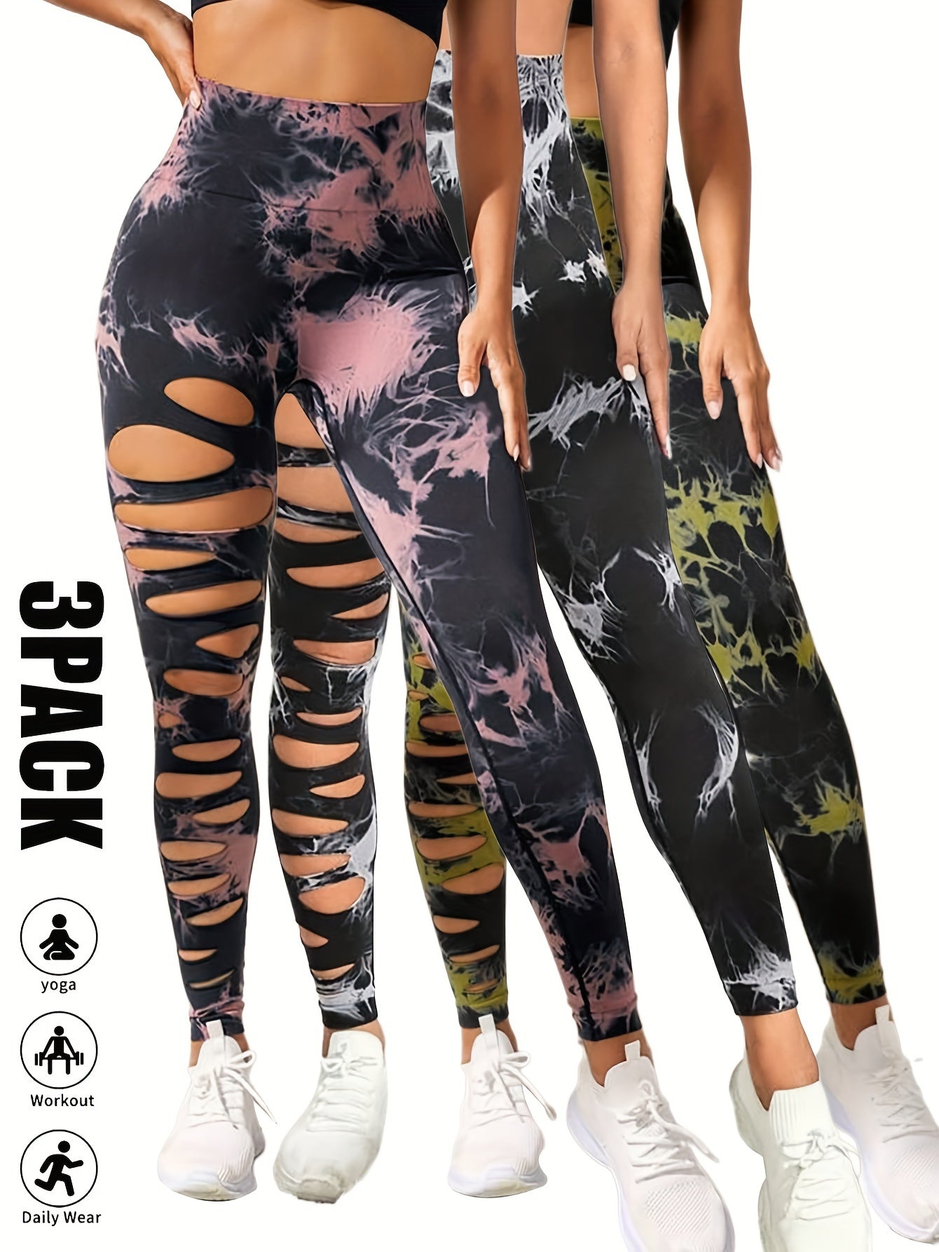 [3 Pack High Waist Yoga Leggings] 3 Pack Women's Tie Dye Cutout Tights High Waist Workout Yoga Leggings, Scrunch Butt Lifting Elastic Pants, Womens High Waist Yoga Pants Cutout Ripped Tummy Control Workout Running Yoga Skinny