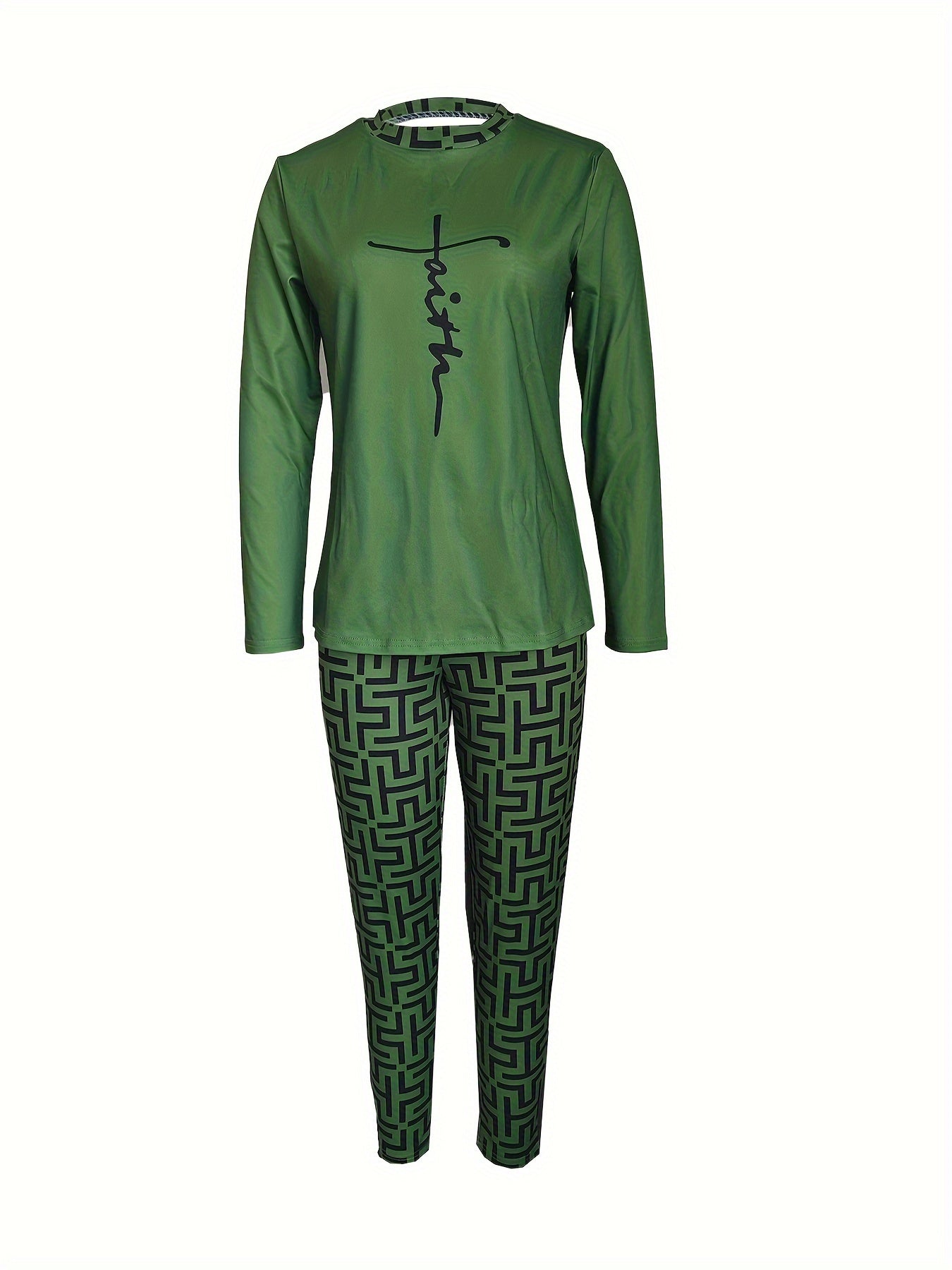 Chic Geo Print Women's Outfit - Casual Long Sleeve Top & Pants Set, Stretchy Polyester Blend, Machine Washable - For Women - Perfect for Everyday Wear  - Great Gift for Fashionable Ladies