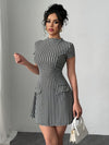 Chic Houndstooth Party Dress - Short Sleeve, Cinched Waist, Mock Neck with Faux Pockets, Black & White Pattern, A-Line Silhouette, Perfect for Summer Gatherings, Summer Party Dress | Fitted Waist Dress | Short Sleeve Dress, E
