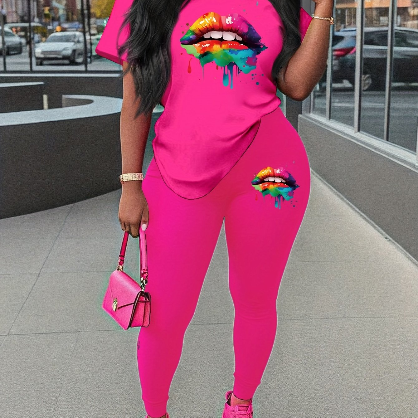 two piece Women's Two-Piece Lip Print Set: Short Sleeve T-Shirt & Leggings Outfit
