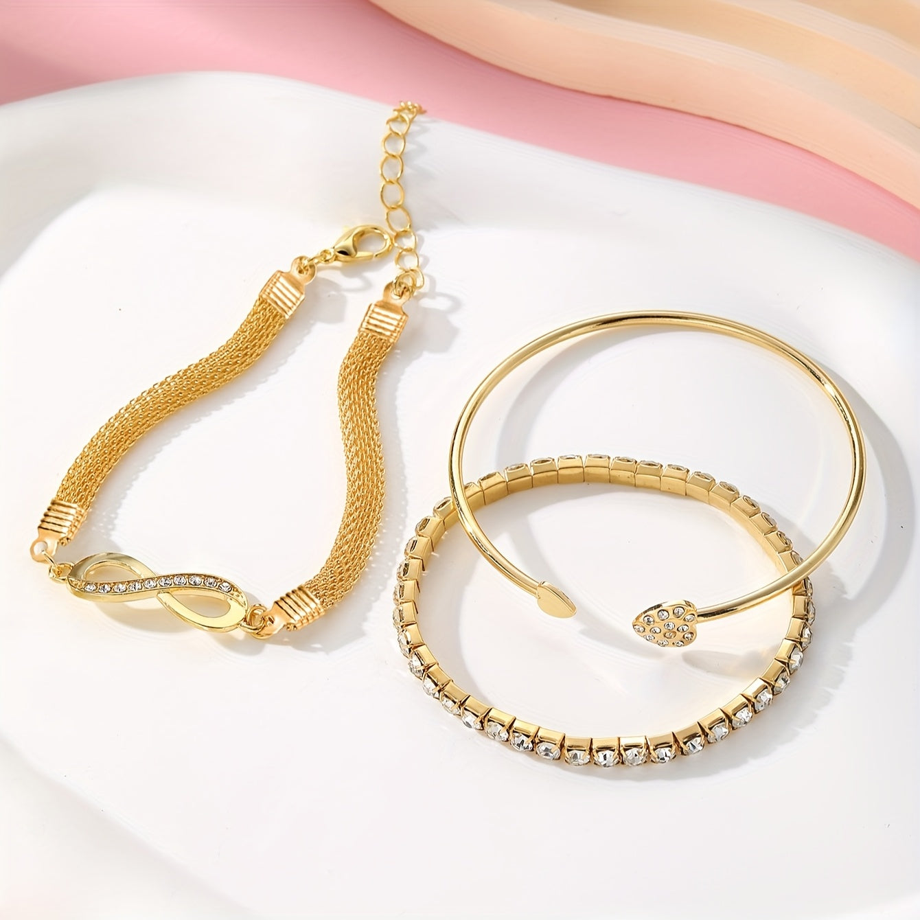 3pcs Vintage Elegant Rhinestone Bracelet Set, Adjustable Heart & Infinity Symbol Bangle, Women'S Alloy Open Cuff, Daily & Gift Occasion, All-Season Jewelry Collection