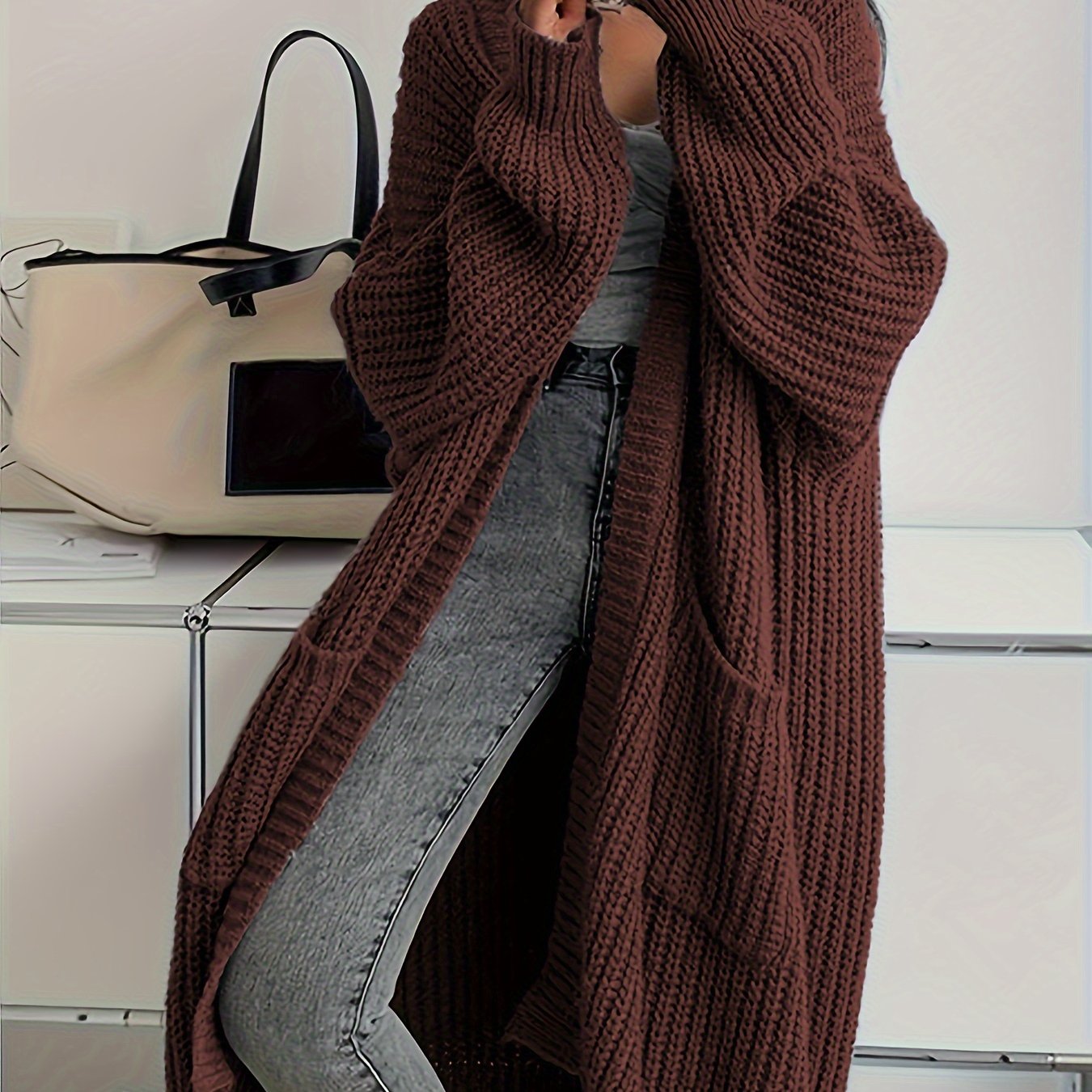 Cardigan sweater - Patched Pockets Open Front Cardigan - Solid, Long Sleeve, Knitted - Fall & Winter - Women - Cozy & Stylish - Cozy Comfort, Effortless Style